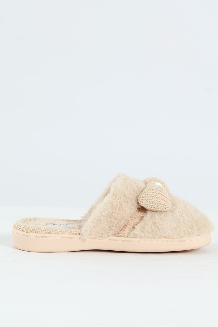 Puffed Knitted Bow Detail Closed Toe Slipper - Natural