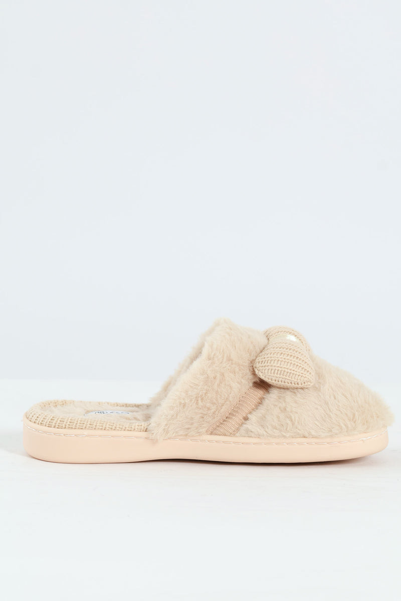 Puffed Knitted Bow Detail Closed Toe Slipper - Natural