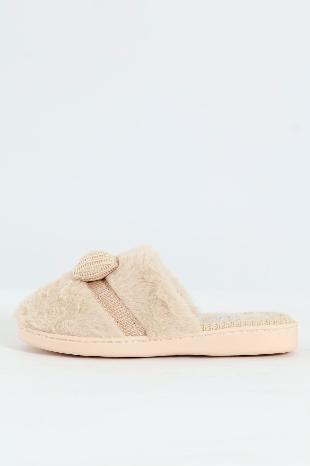 Puffed Knitted Bow Detail Closed Toe Slipper - Natural
