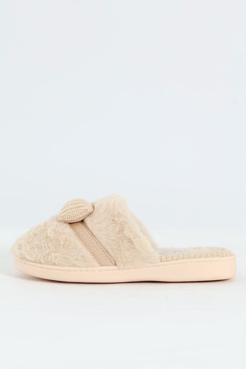 Puffed Knitted Bow Detail Closed Toe Slipper - Natural
