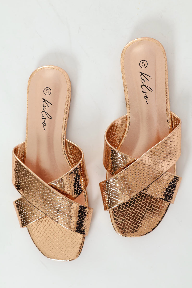 Medium Width Cross Strap Mule Sandal - Rose Gold