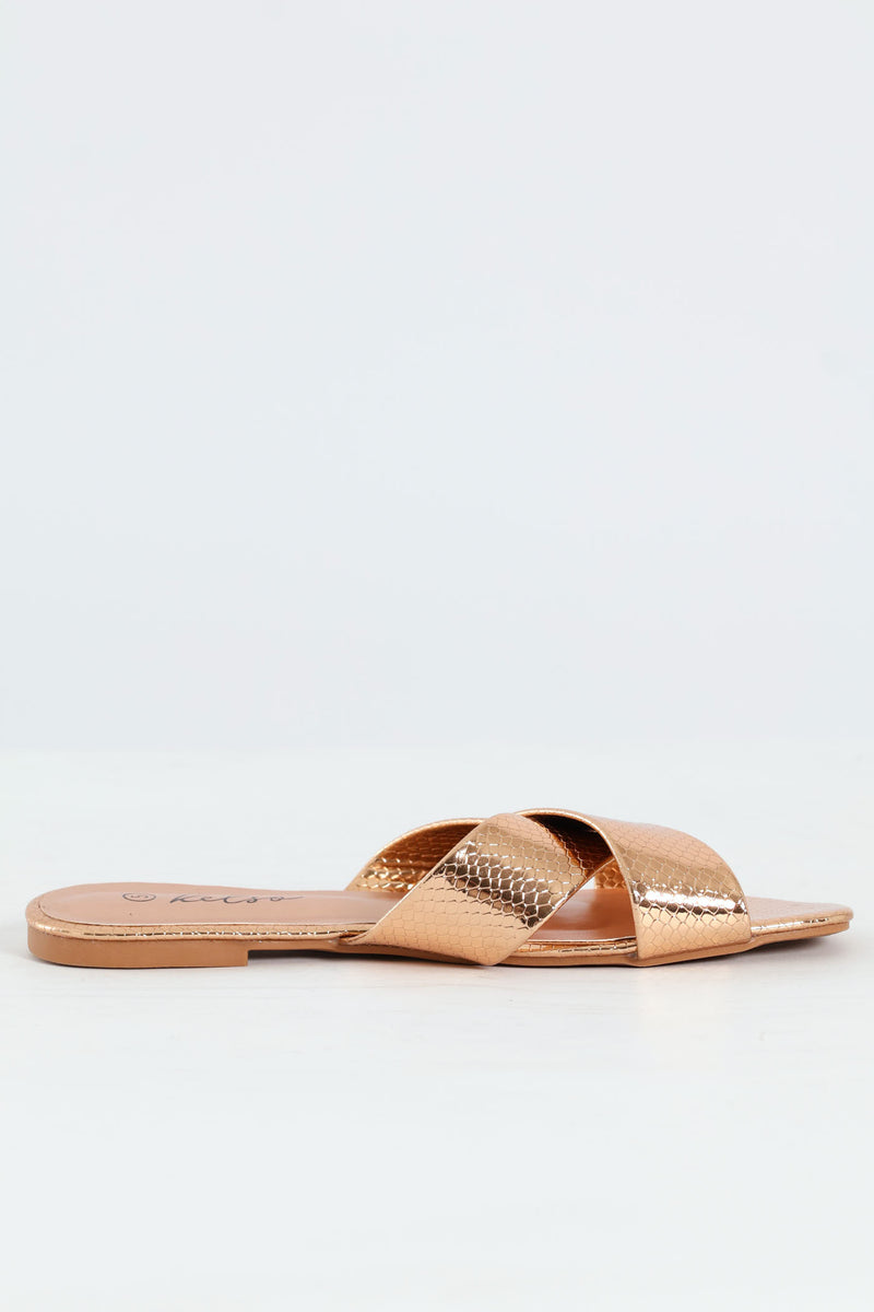 Medium Width Cross Strap Mule Sandal - Rose Gold