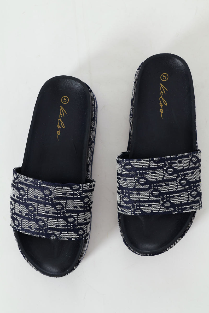 Monogram Printed Canvas Flatform Slide Sandal - Navy