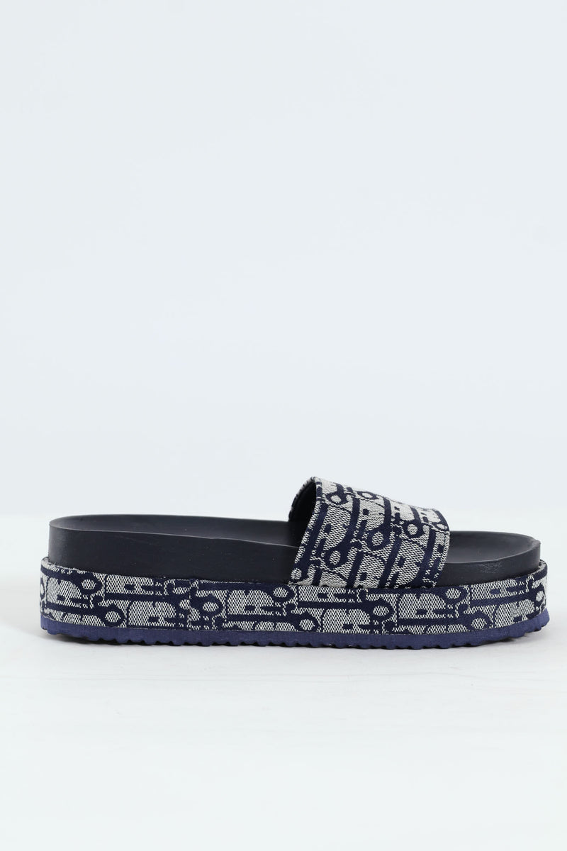 Monogram Printed Canvas Flatform Slide Sandal - Navy