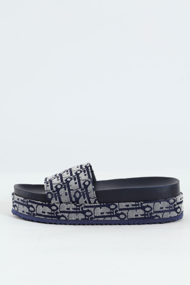 Monogram Printed Canvas Flatform Slide Sandal - Navy