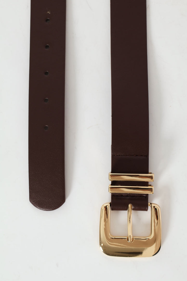 Gold Square Buckle Double Loop Belt - Chocolate
