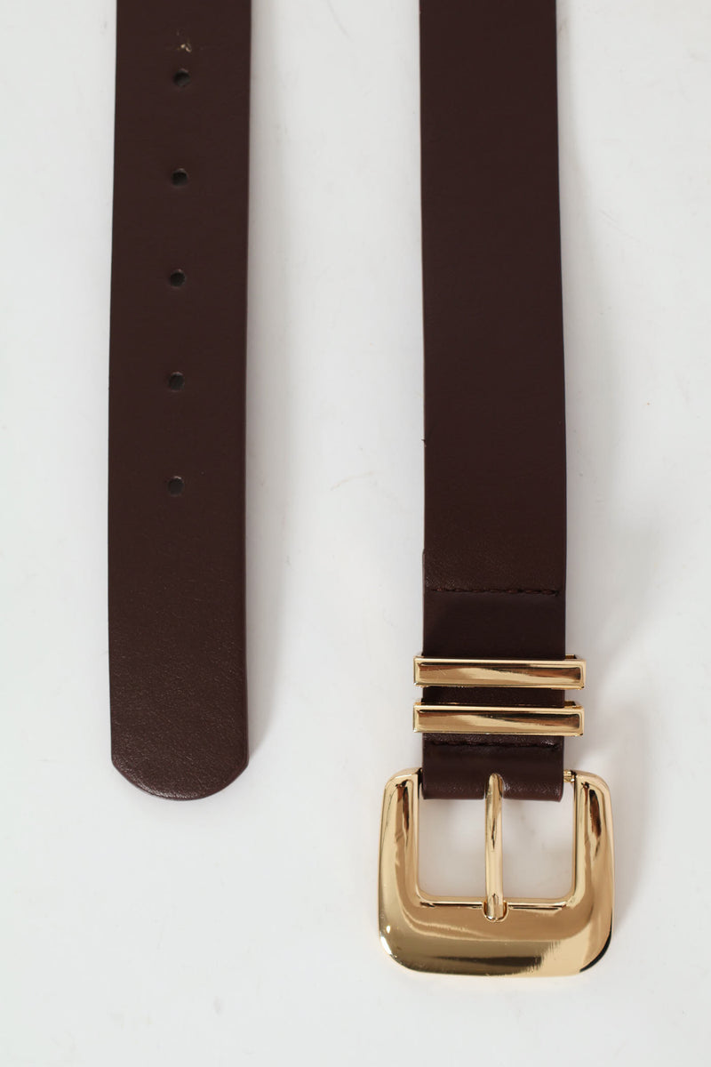 Gold Square Buckle Double Loop Belt - Chocolate