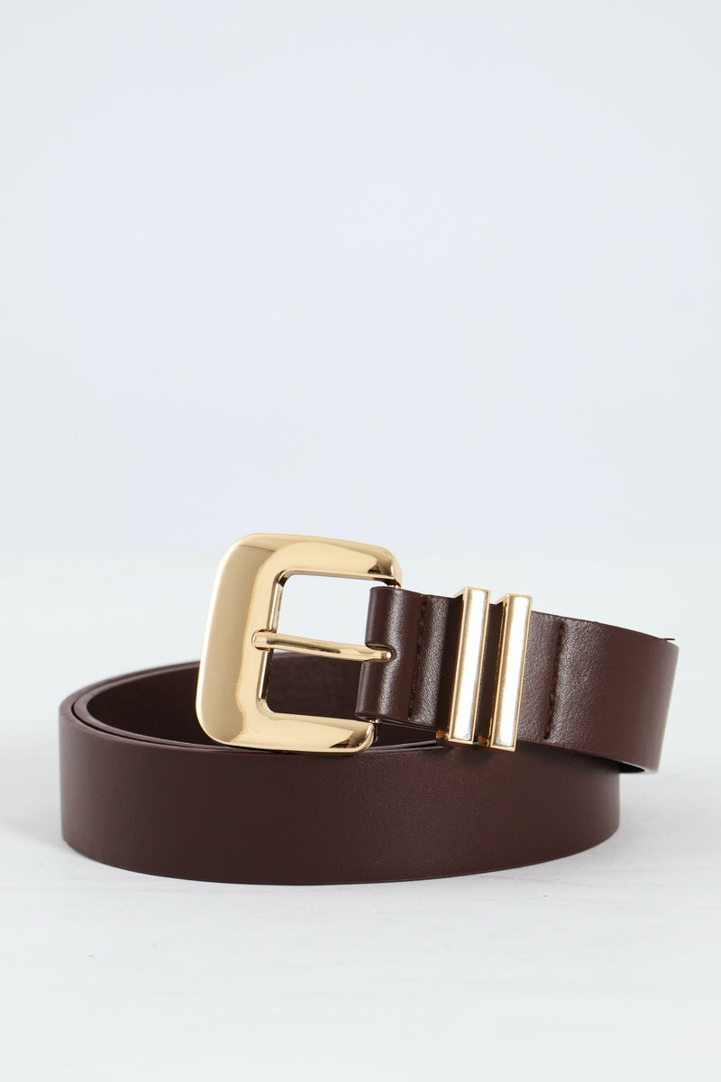 Gold Square Buckle Double Loop Belt - Chocolate