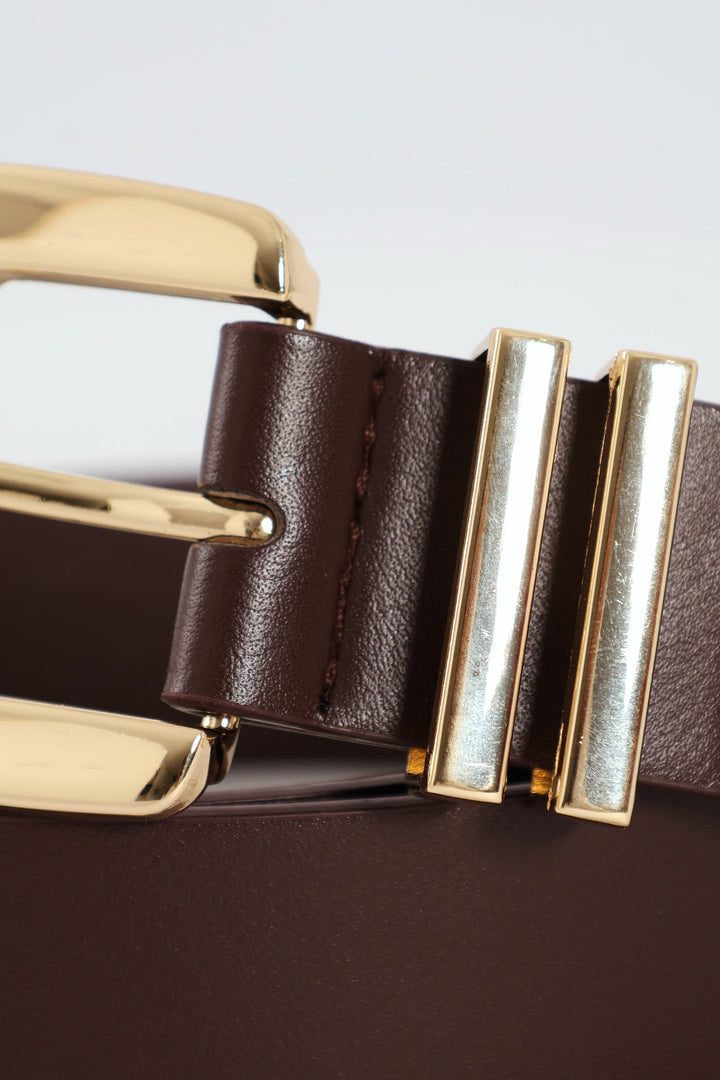 Gold Square Buckle Double Loop Belt - Chocolate
