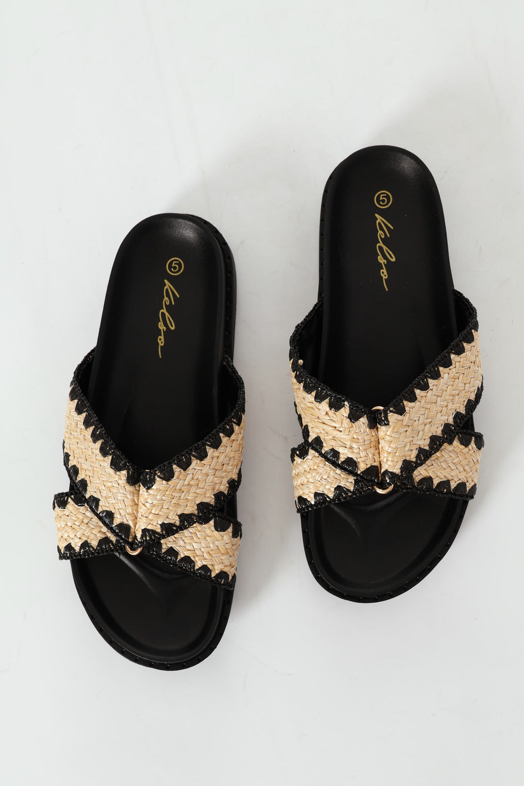 Raffia Crosstrap Mule Sandal On Molded Footbead - Black/Beige