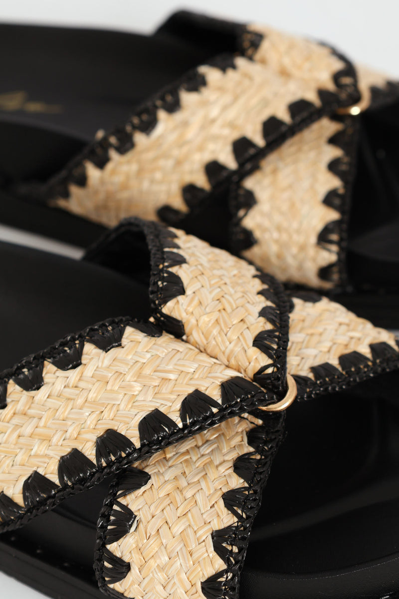 Raffia Crosstrap Mule Sandal On Molded Footbead - Black/Beige