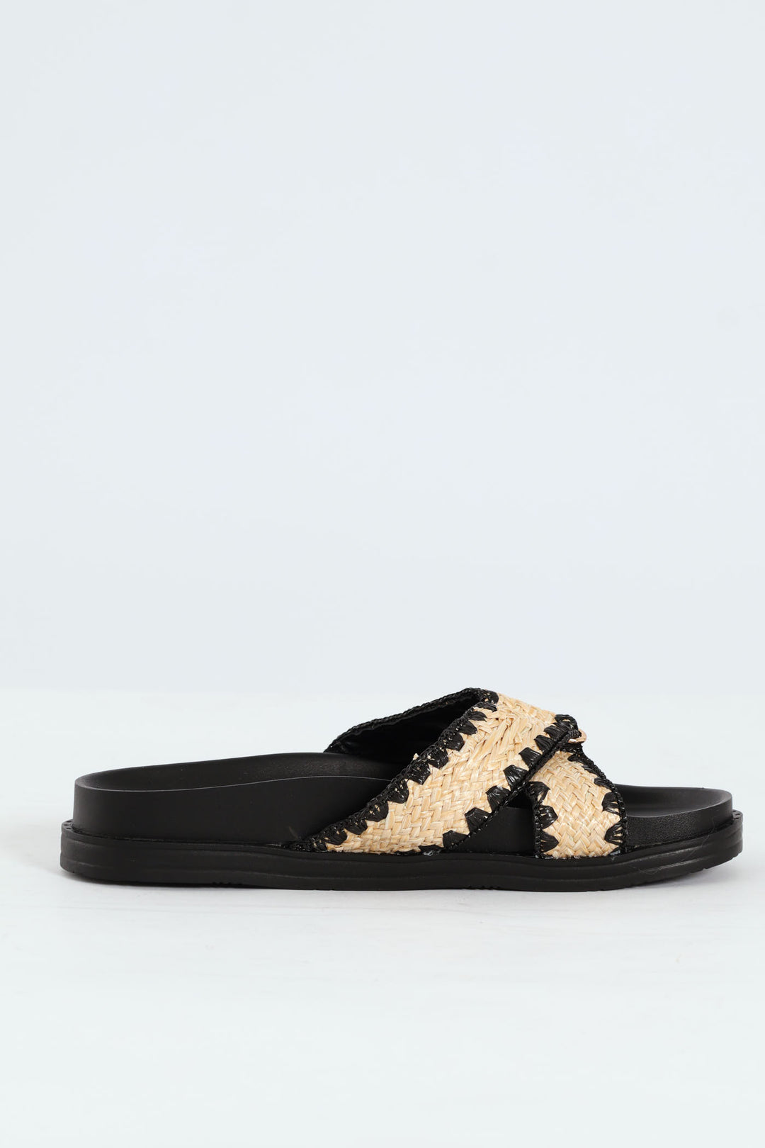 Raffia Crosstrap Mule Sandal On Molded Footbead - Black/Beige