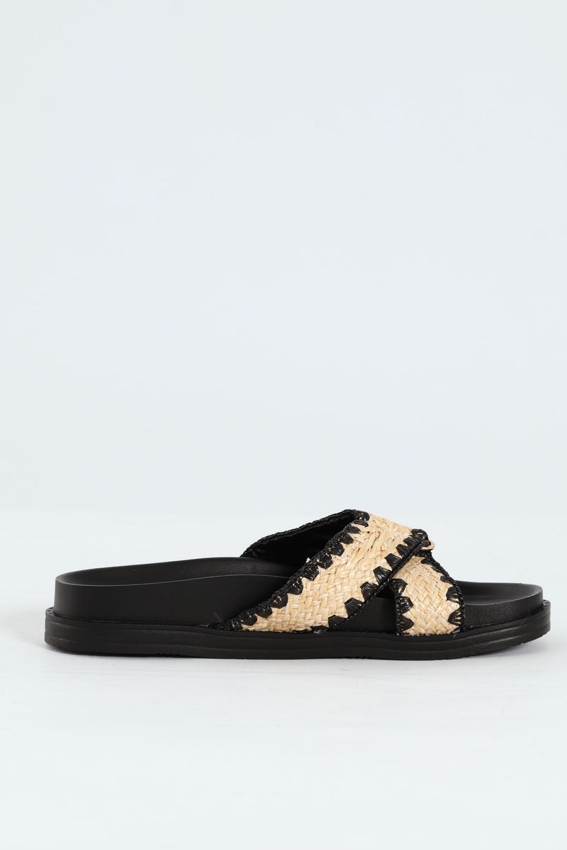 Raffia Crosstrap Mule Sandal On Molded Footbead - Black/Beige