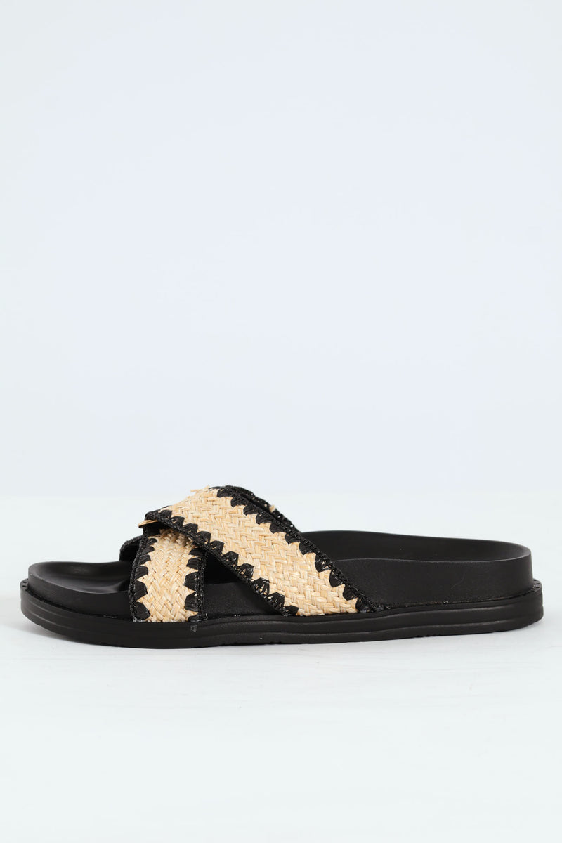 Raffia Crosstrap Mule Sandal On Molded Footbead - Black/Beige
