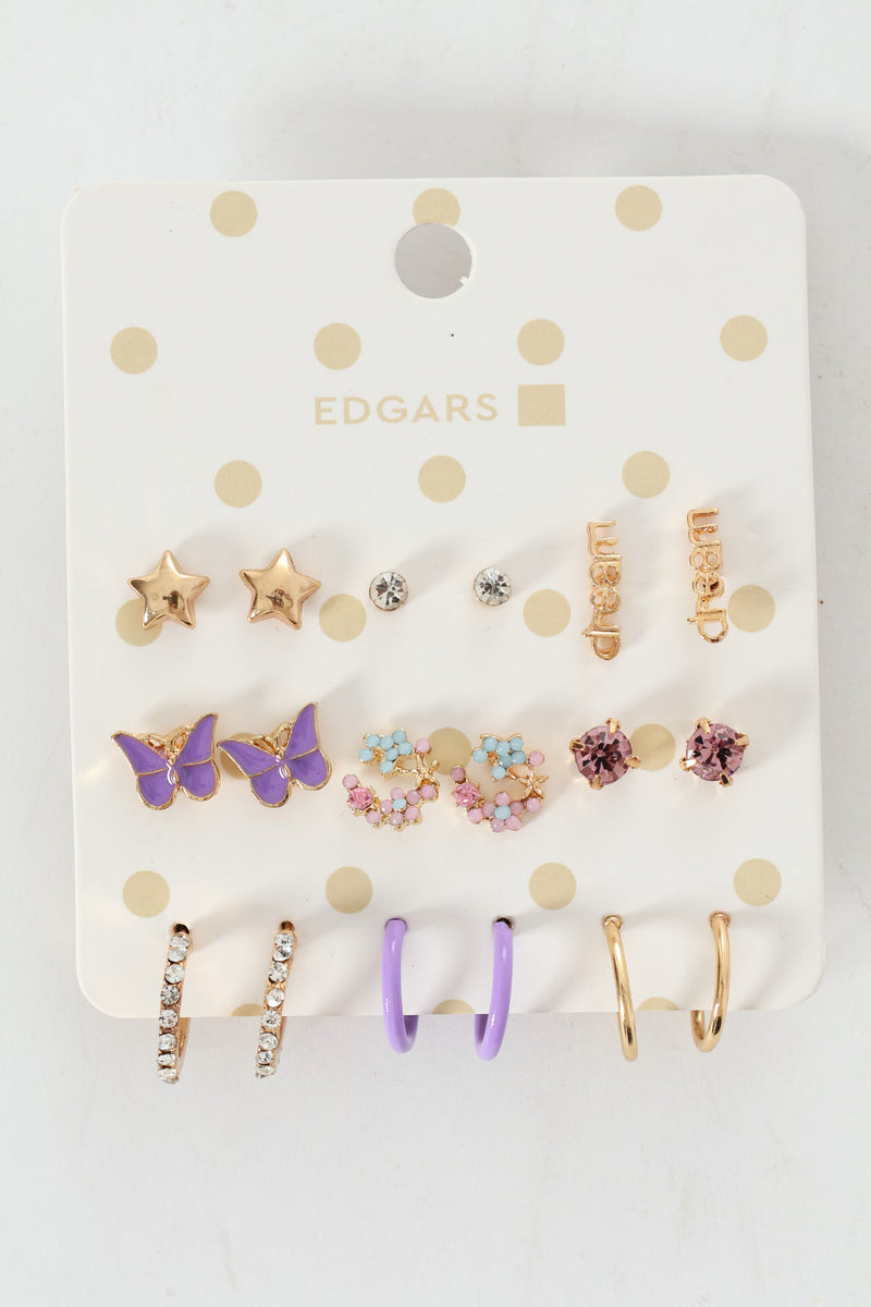 Girls 9 Pack Butterfly Earrings - Lilac