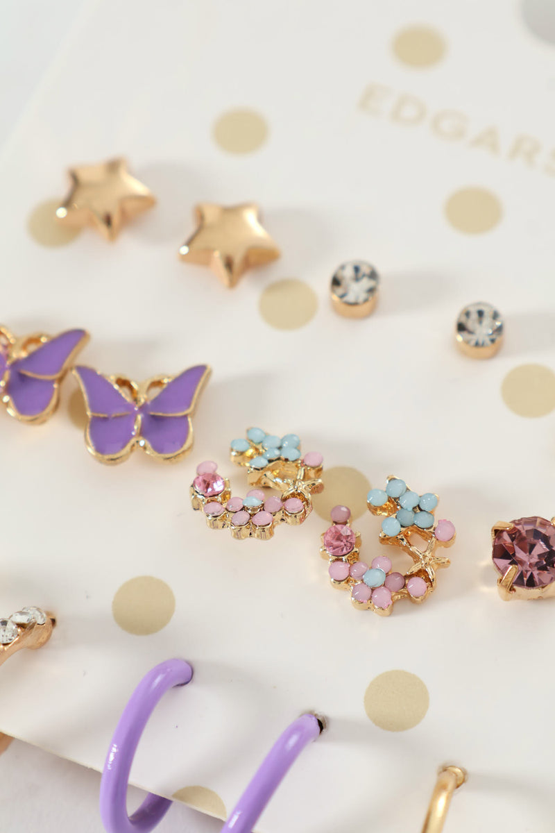 Girls 9 Pack Butterfly Earrings - Lilac