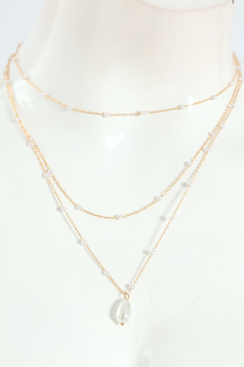Three Layer Pearl Bead Pendant Necklace - Gold