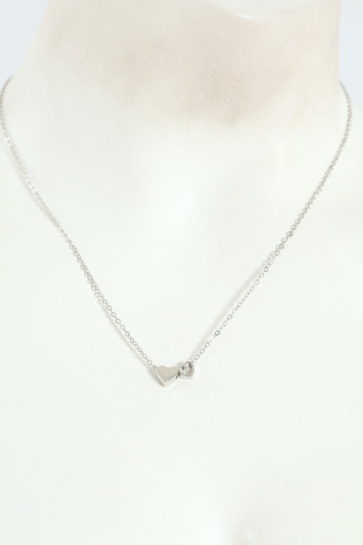 Double Heart Pendant Necklace - Silver