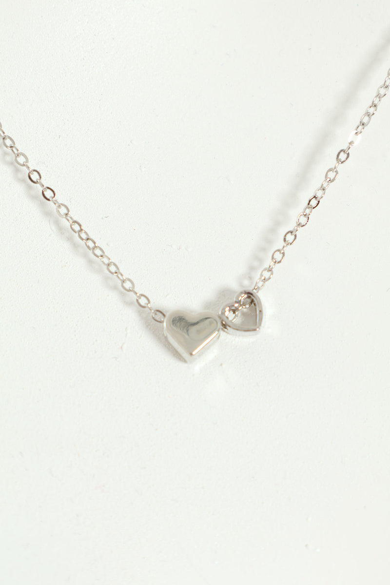 Double Heart Pendant Necklace - Silver