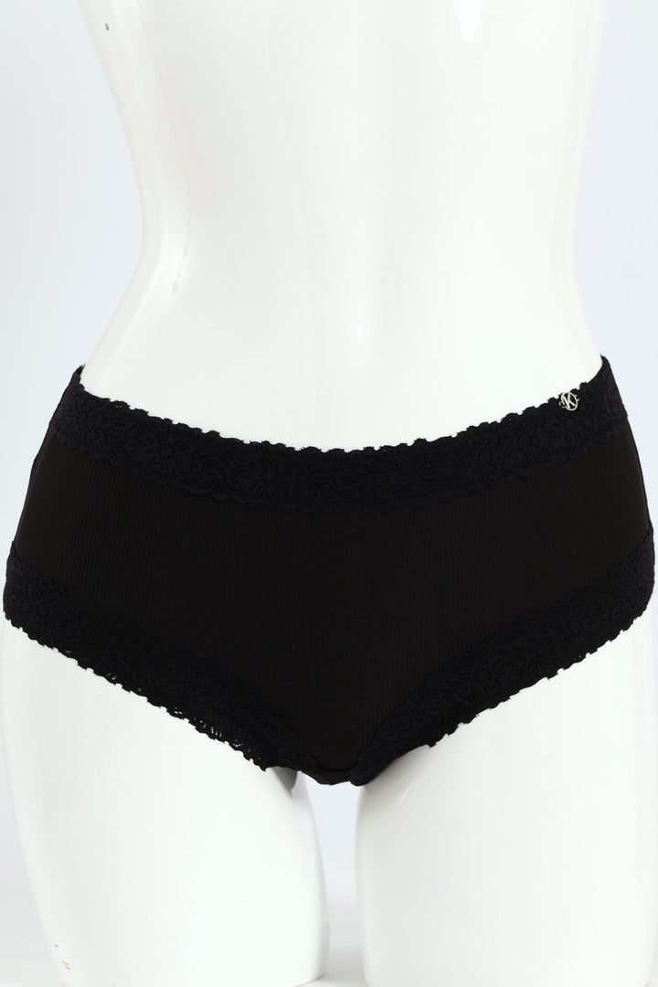 3 Pack Lace Trim Boyleg Panties - Milk/Black/Seashell