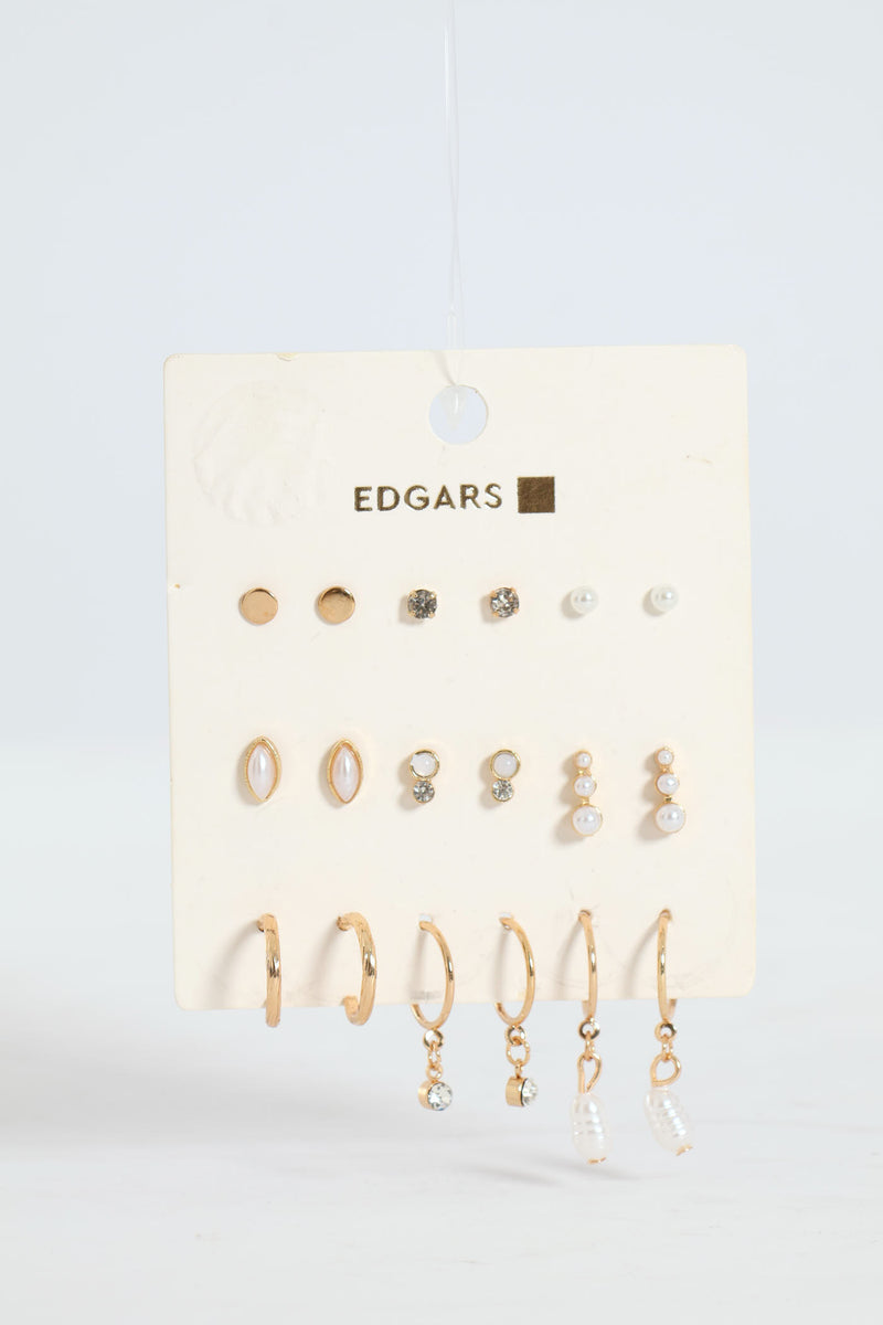 9 Pack Pearl Bead Studs Small Hoop Earrings - Gold