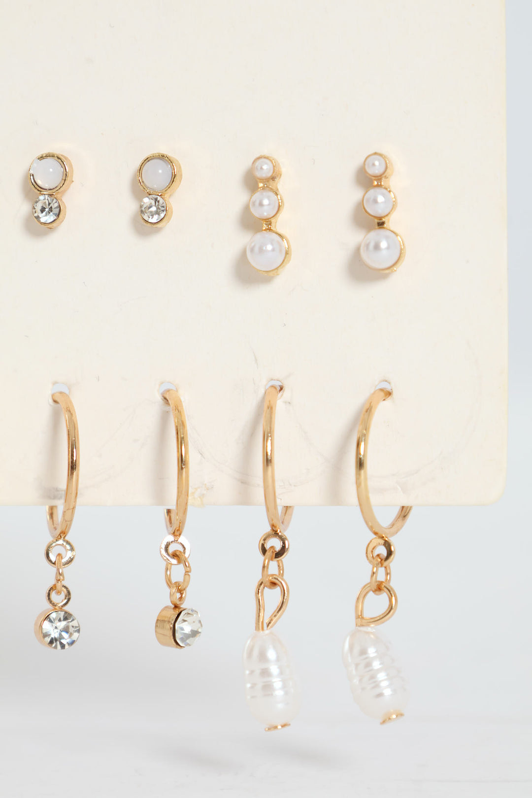 9 Pack Pearl Bead Studs Small Hoop Earrings - Gold