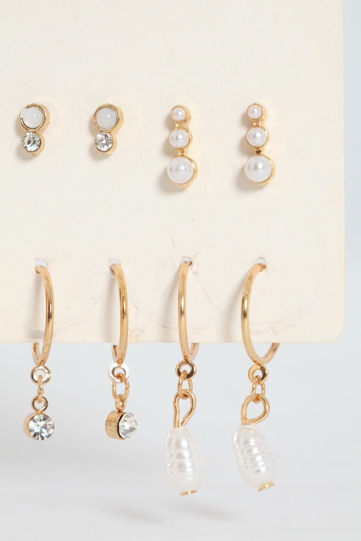 9 Pack Pearl Bead Studs Small Hoop Earrings - Gold