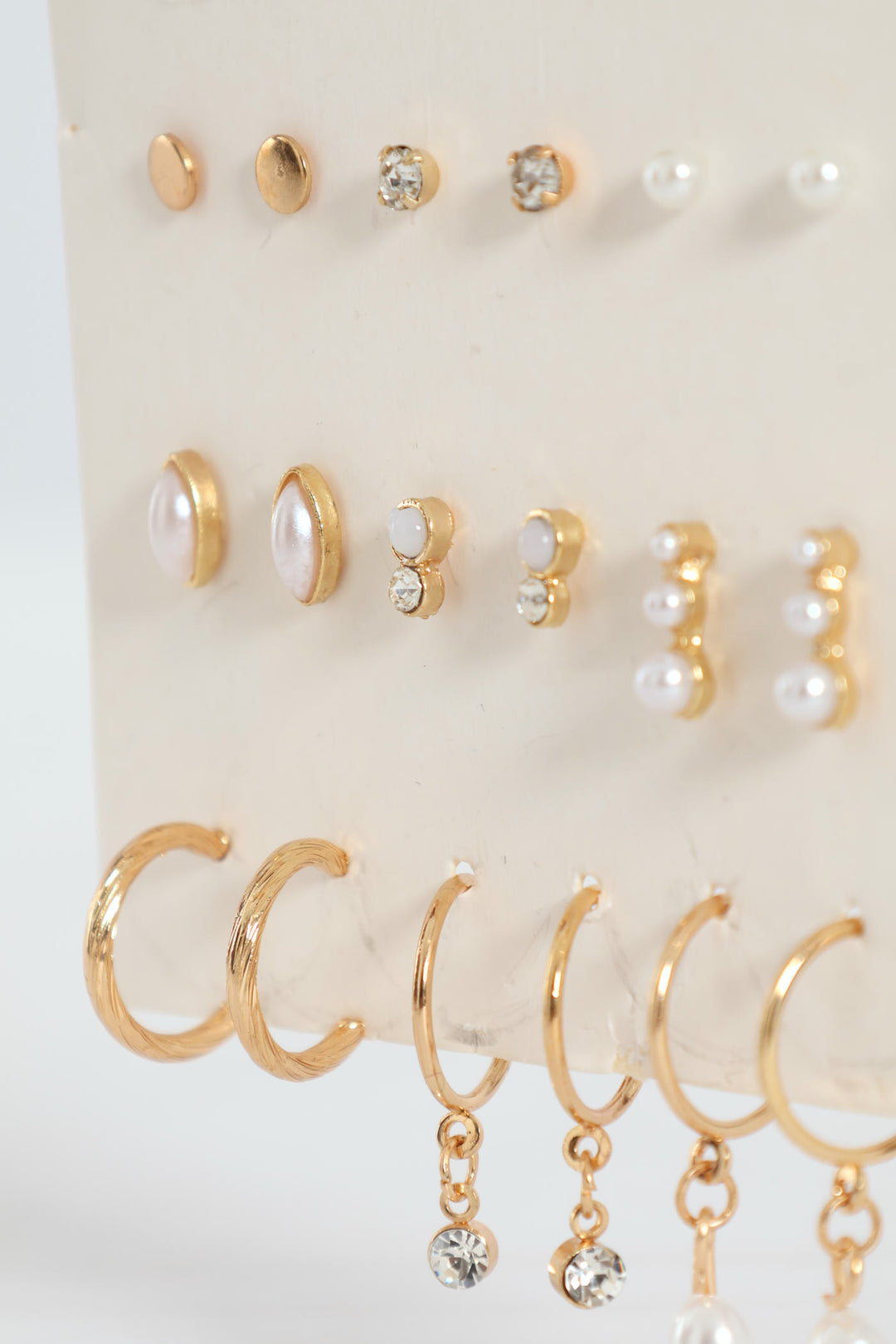 9 Pack Pearl Bead Studs Small Hoop Earrings - Gold