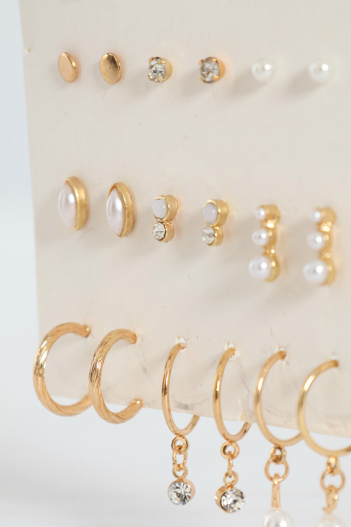 9 Pack Pearl Bead Studs Small Hoop Earrings - Gold