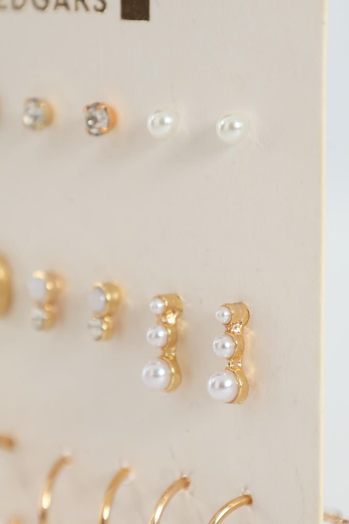 9 Pack Pearl Bead Studs Small Hoop Earrings - Gold