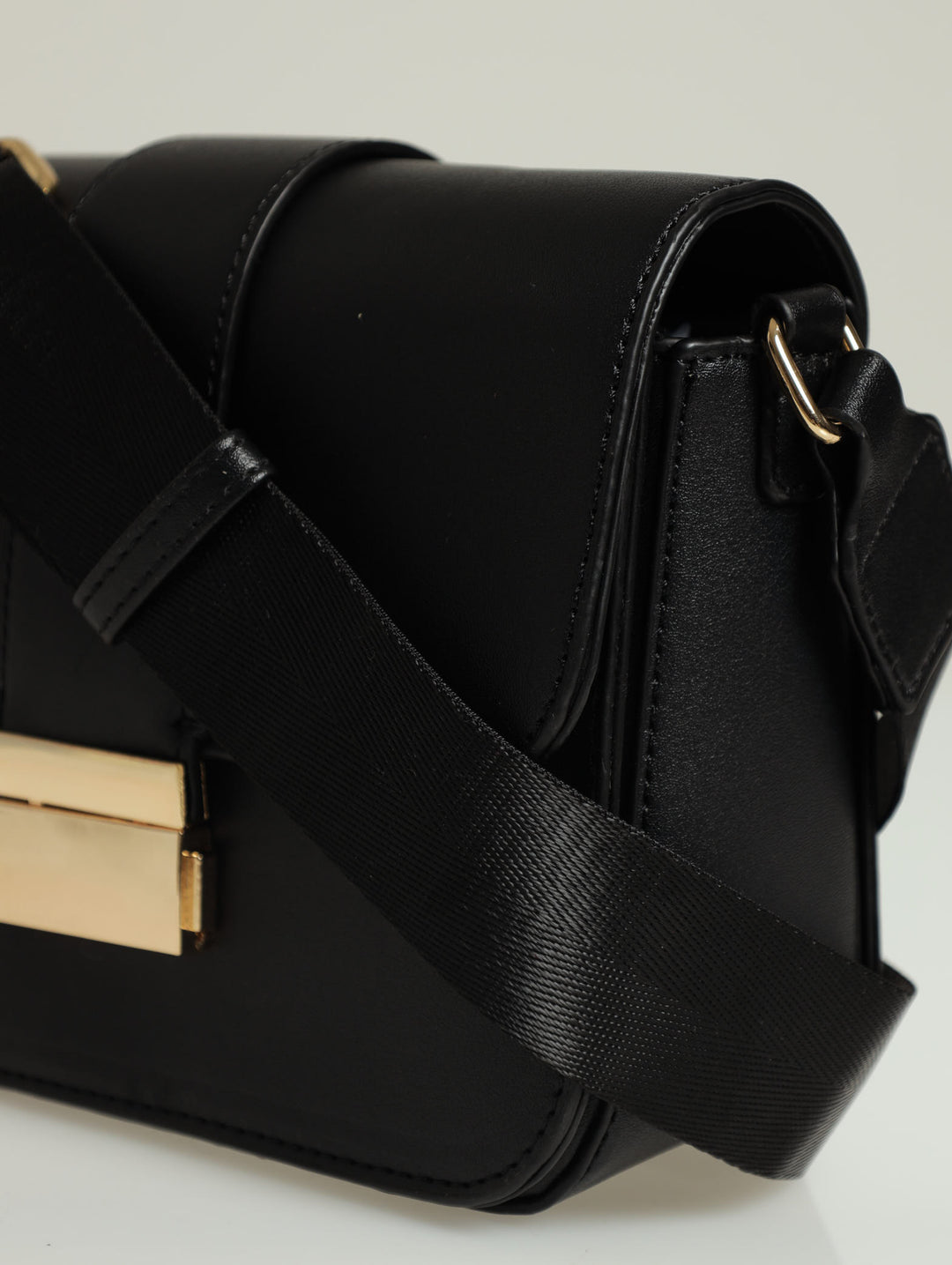 Gold Clasp Webbing Strap X-Body Bag - Black