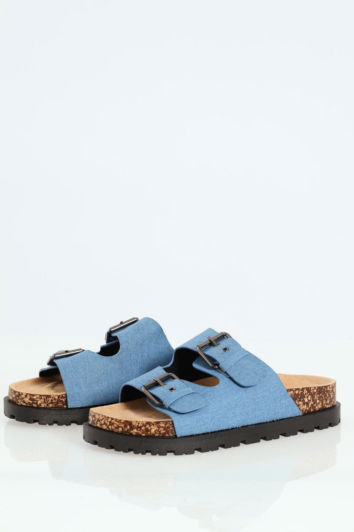 Double Buckle Slide On Flatform Rubber - Denim