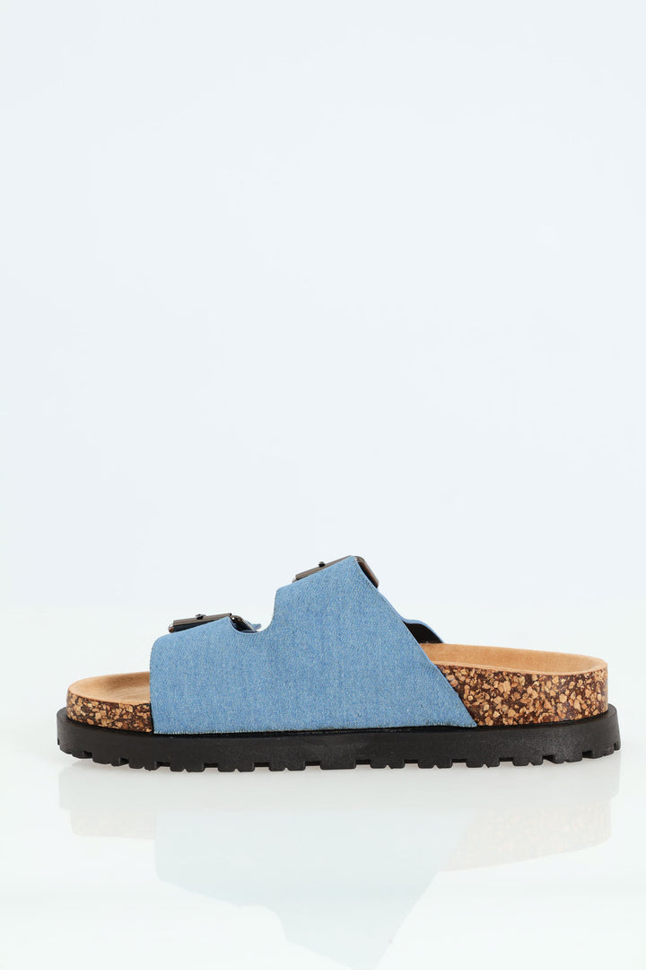 Double Buckle Slide On Flatform Rubber - Denim