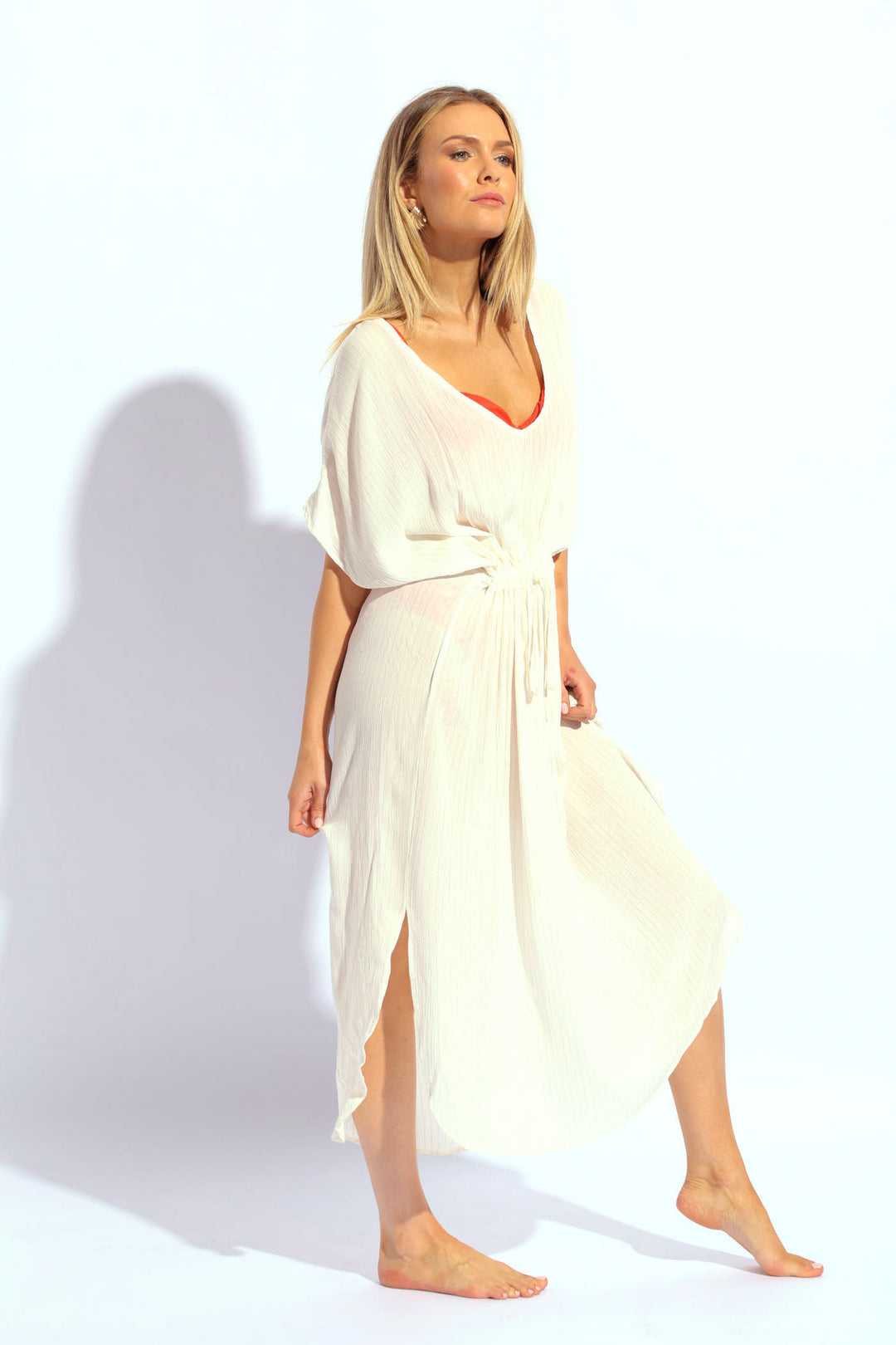 Lurex Drawstring Kaftan  - Cream
