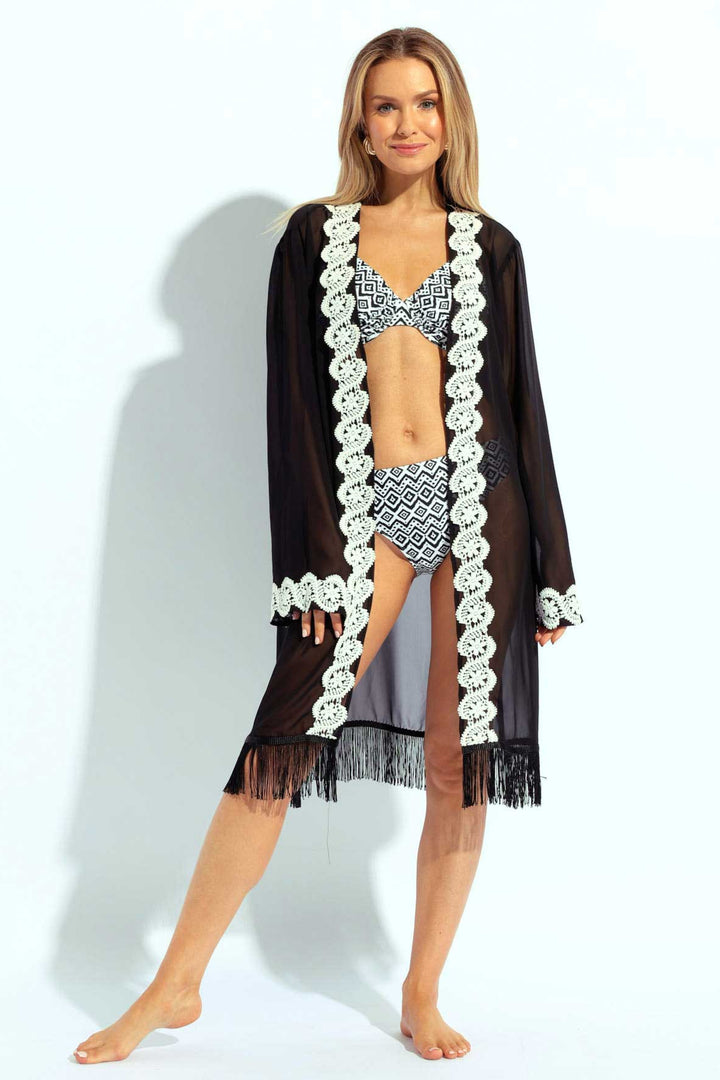 Embroidered Fringed Kimono - Black