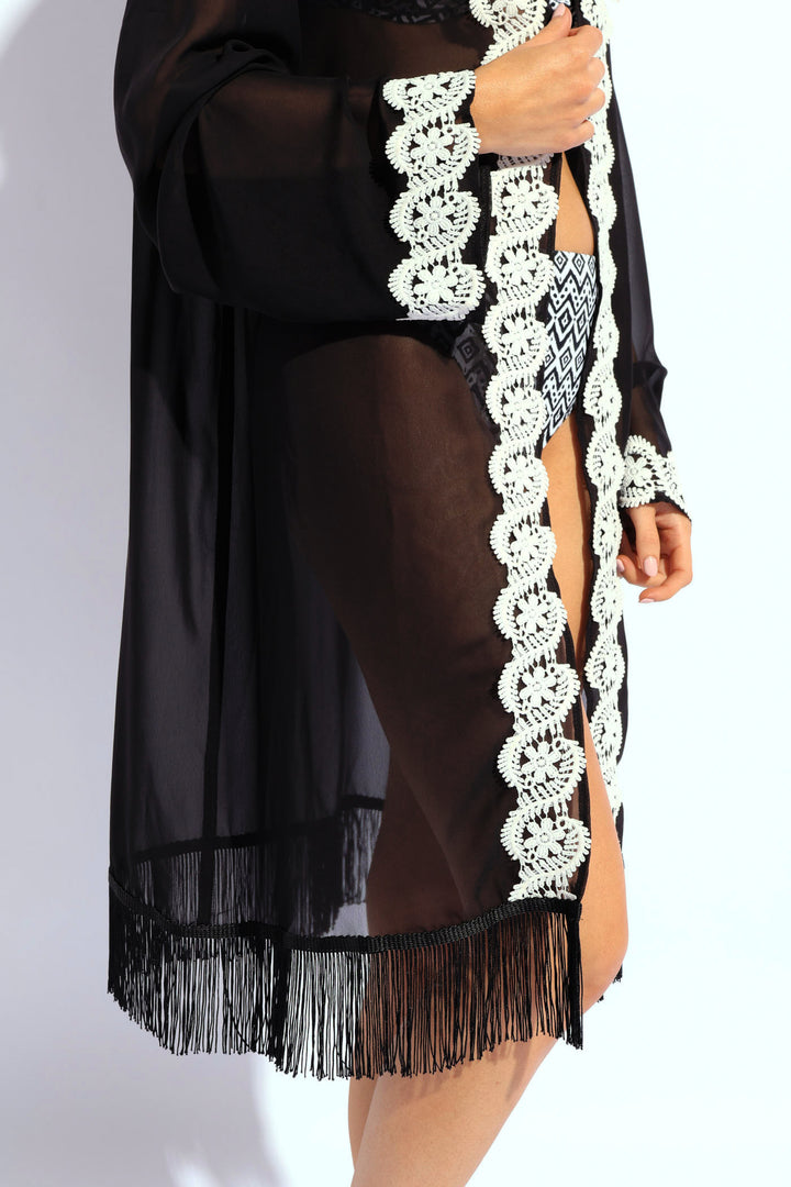 Embroidered Fringed Kimono - Black