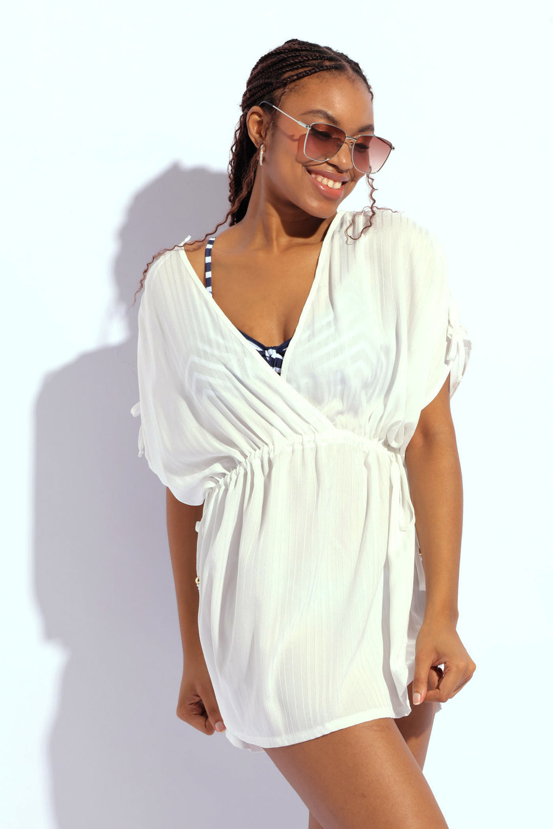 Striped Lurex Chiffon Kimono - White