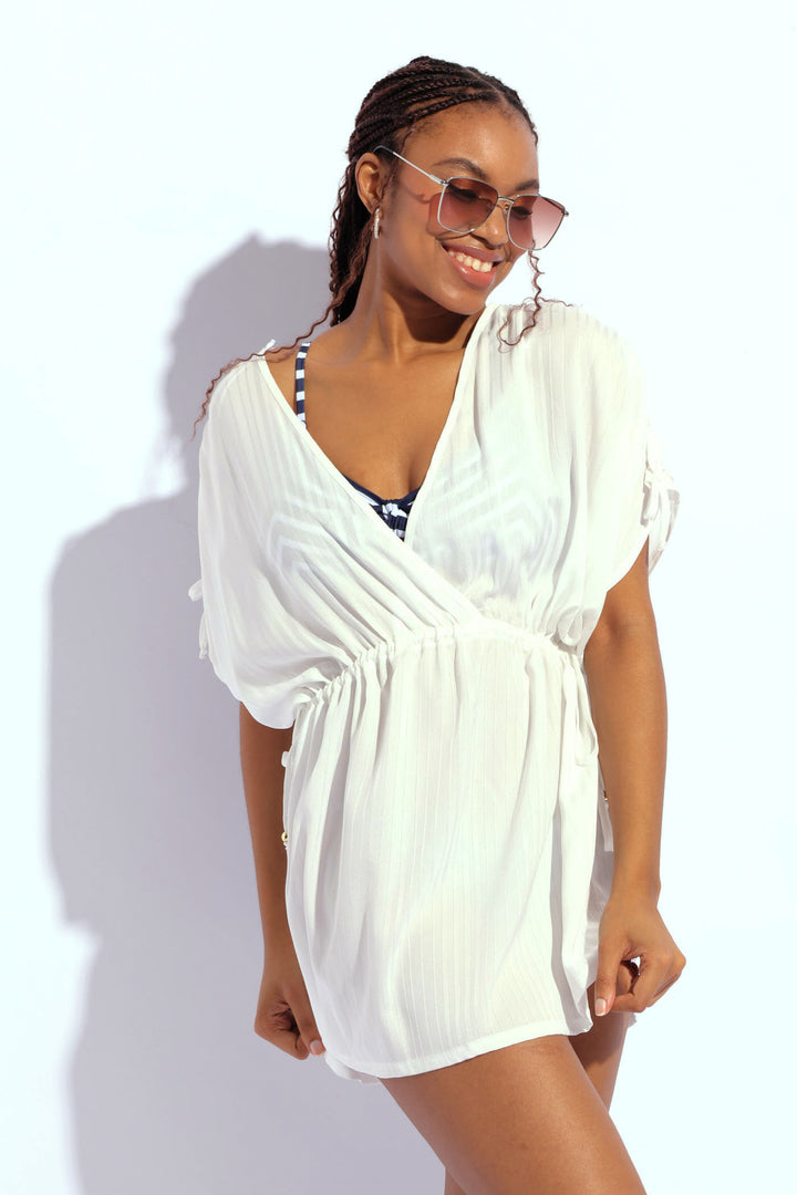 Striped Lurex Chiffon Kimono - White