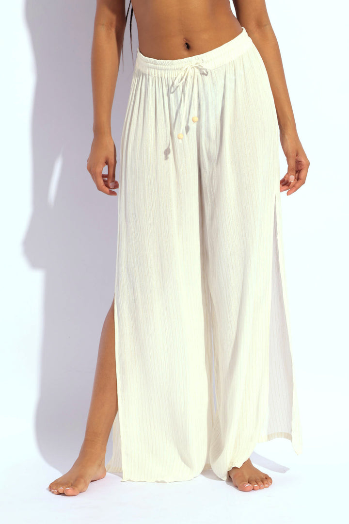 Crinkle Foil Stripe Pants - White