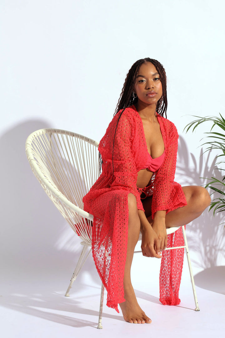 Crochet Maxi Kimono - Pink