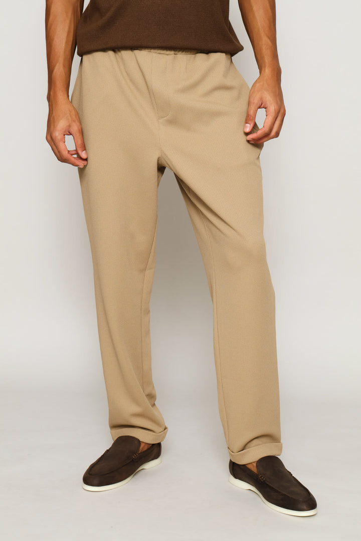 Full Elastic Textured Pull On Trouser - Taupe