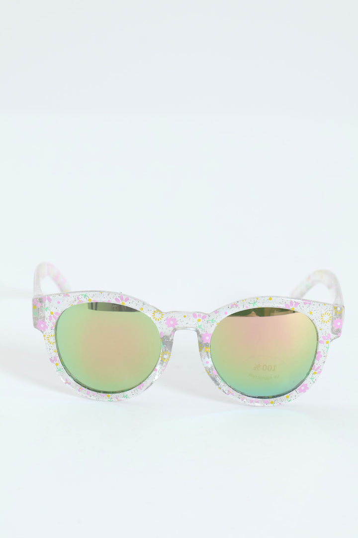 Pre-Girls Glitter Floral Clear Round Sunnies - Clear