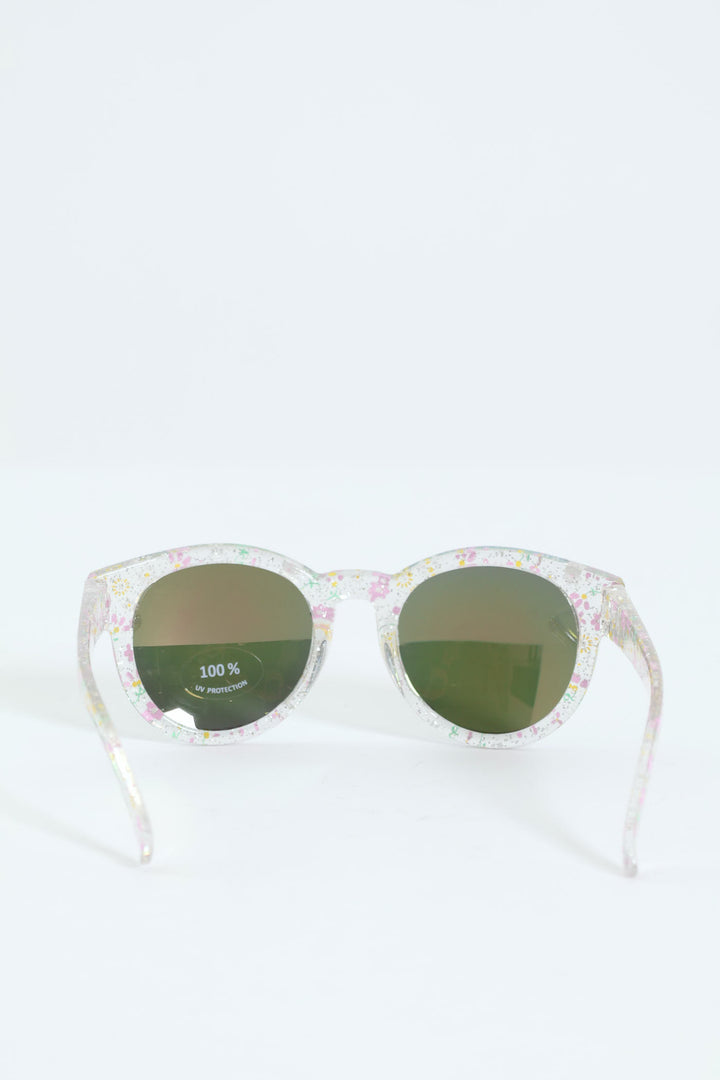 Pre-Girls Glitter Floral Clear Round Sunnies - Clear