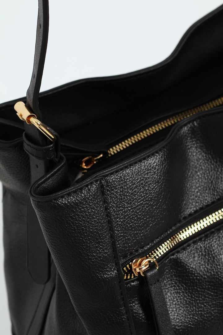 Front Zip Bucket Bag - Black