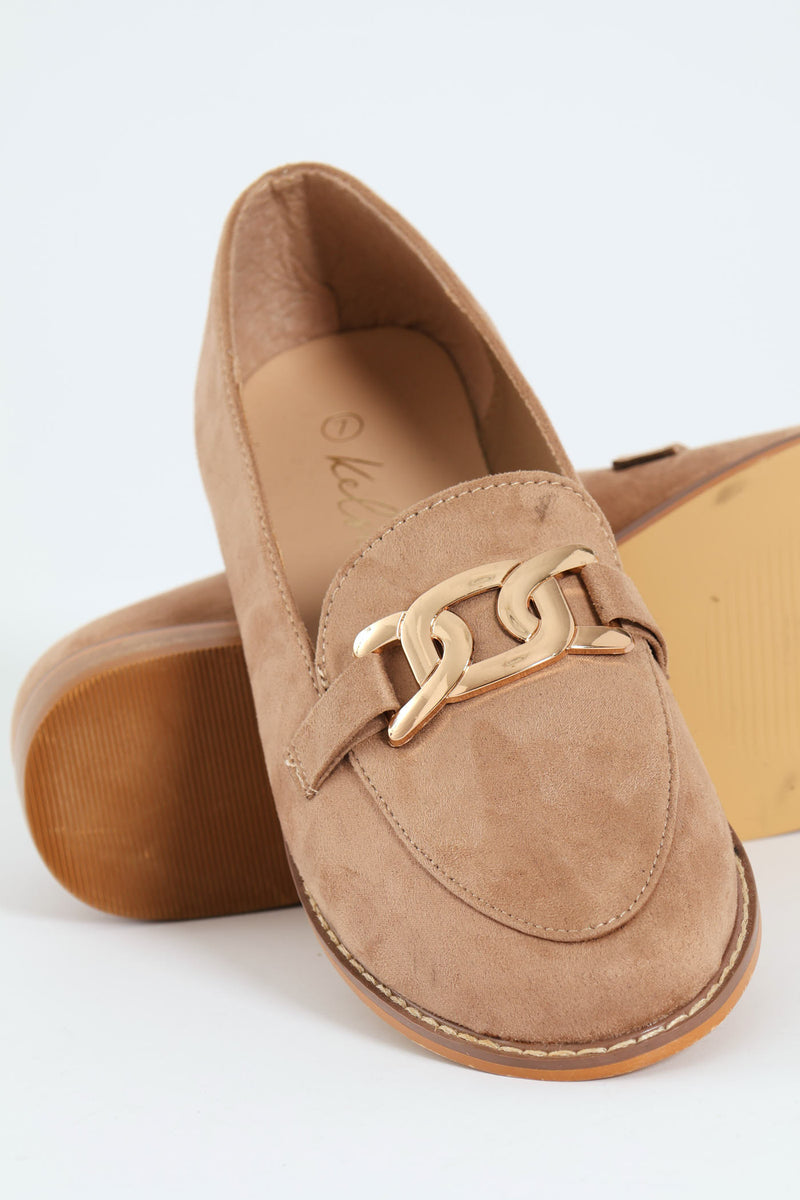 Microfibre Loafer With Flat Gold Trim - Taupe