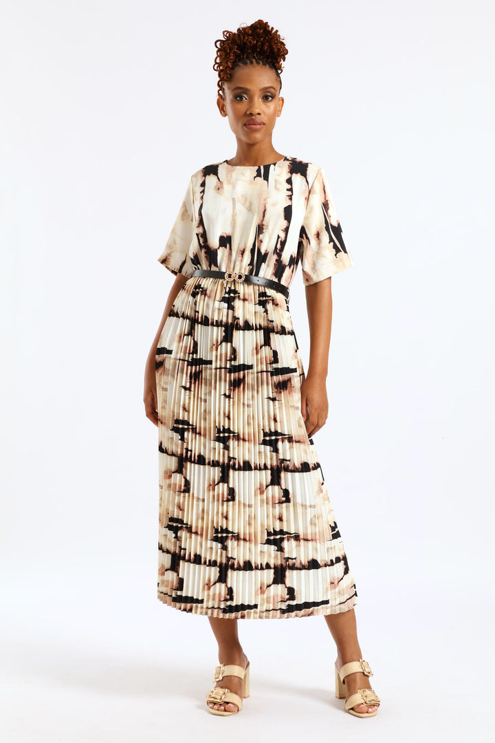 Belted Pleated Maxi Dress - Rose/Cream