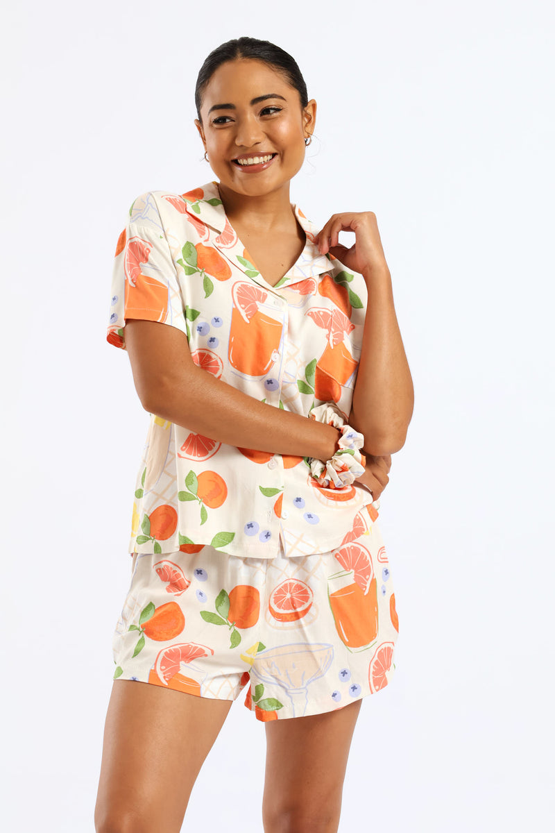 Button Through Woven Viscose Short Set - Multi