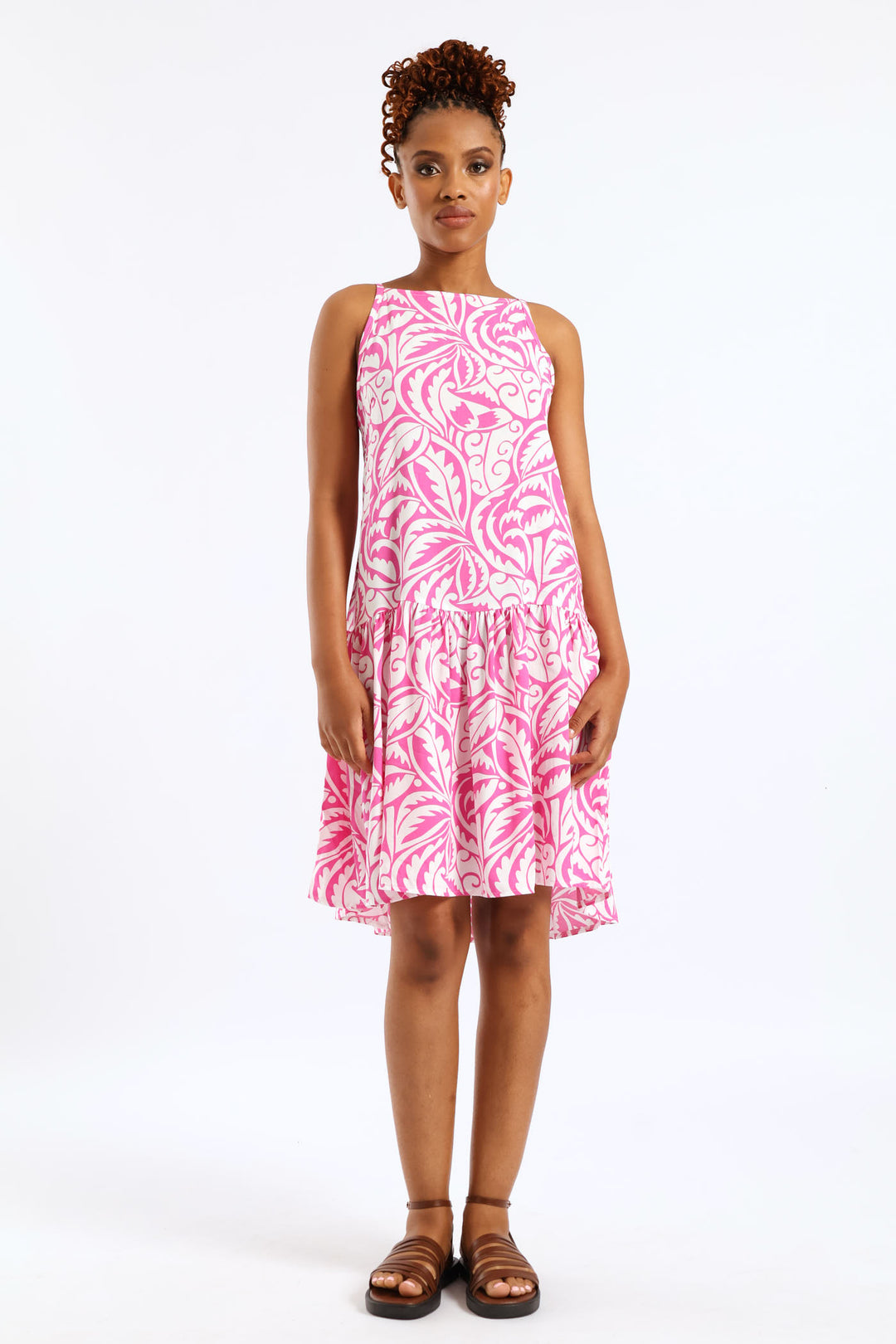 Hi-Neck Drop Waist Print Mini Dress - White/Pink