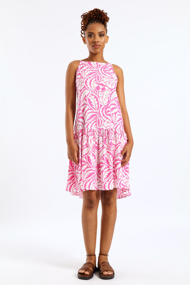 Hi-Neck Drop Waist Print Mini Dress - White/Pink