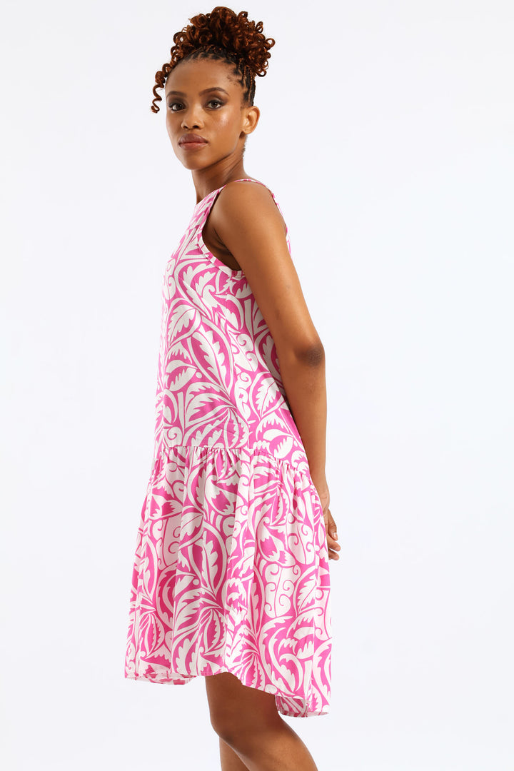 Hi-Neck Drop Waist Print Mini Dress - White/Pink